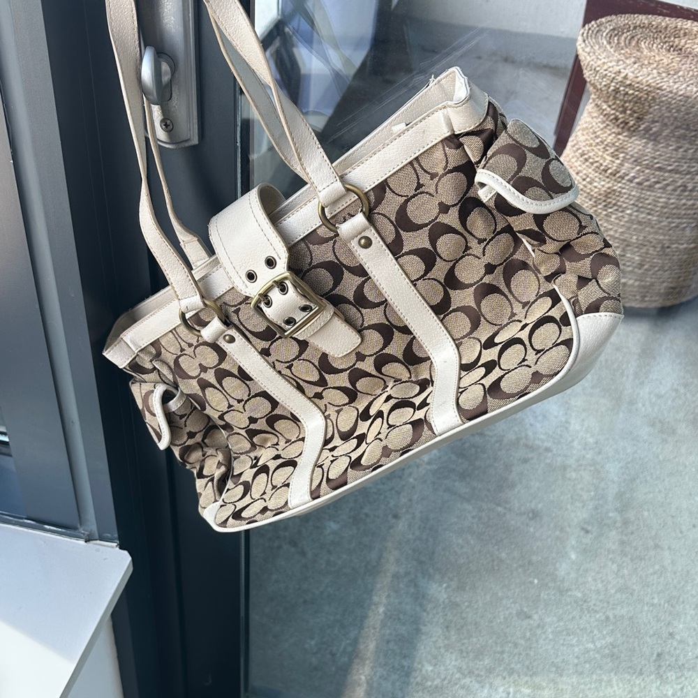 Coach Tan and Cream Signature Shoulder Bag